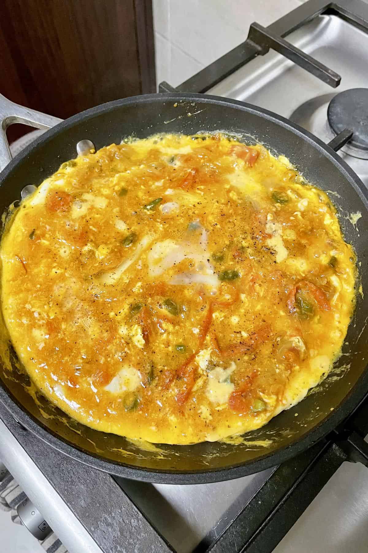 semi cooked scrambled eggs inonion-tomato base.