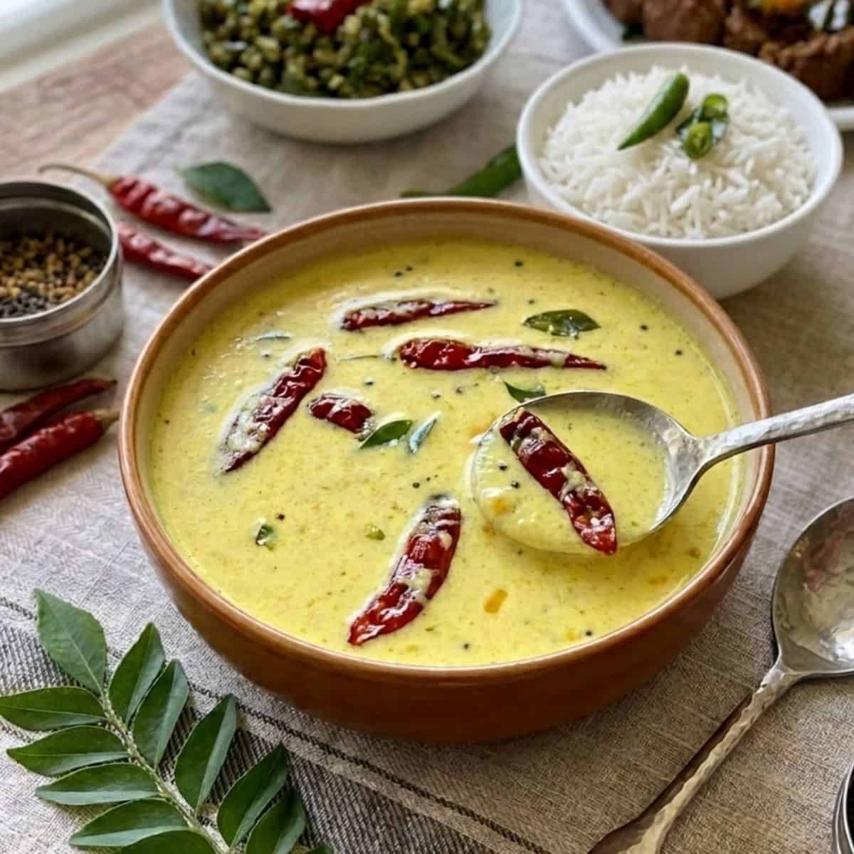 A bowl of moru curry with a spoon ladling out