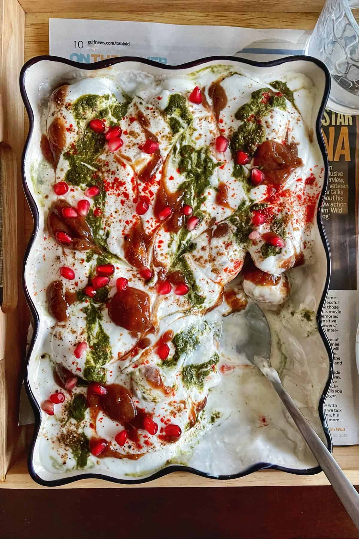 Dahi baray served in a rectangle platter
