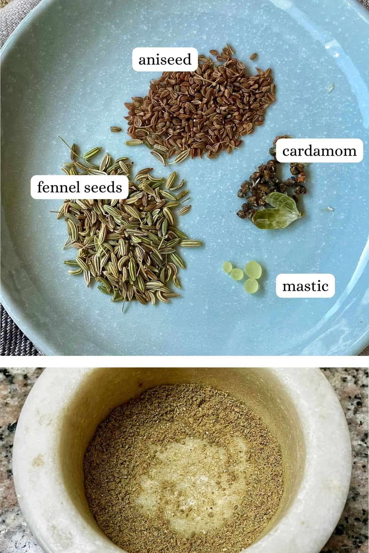 A collage image of spices in a plate and a mortar pestle ground spice.