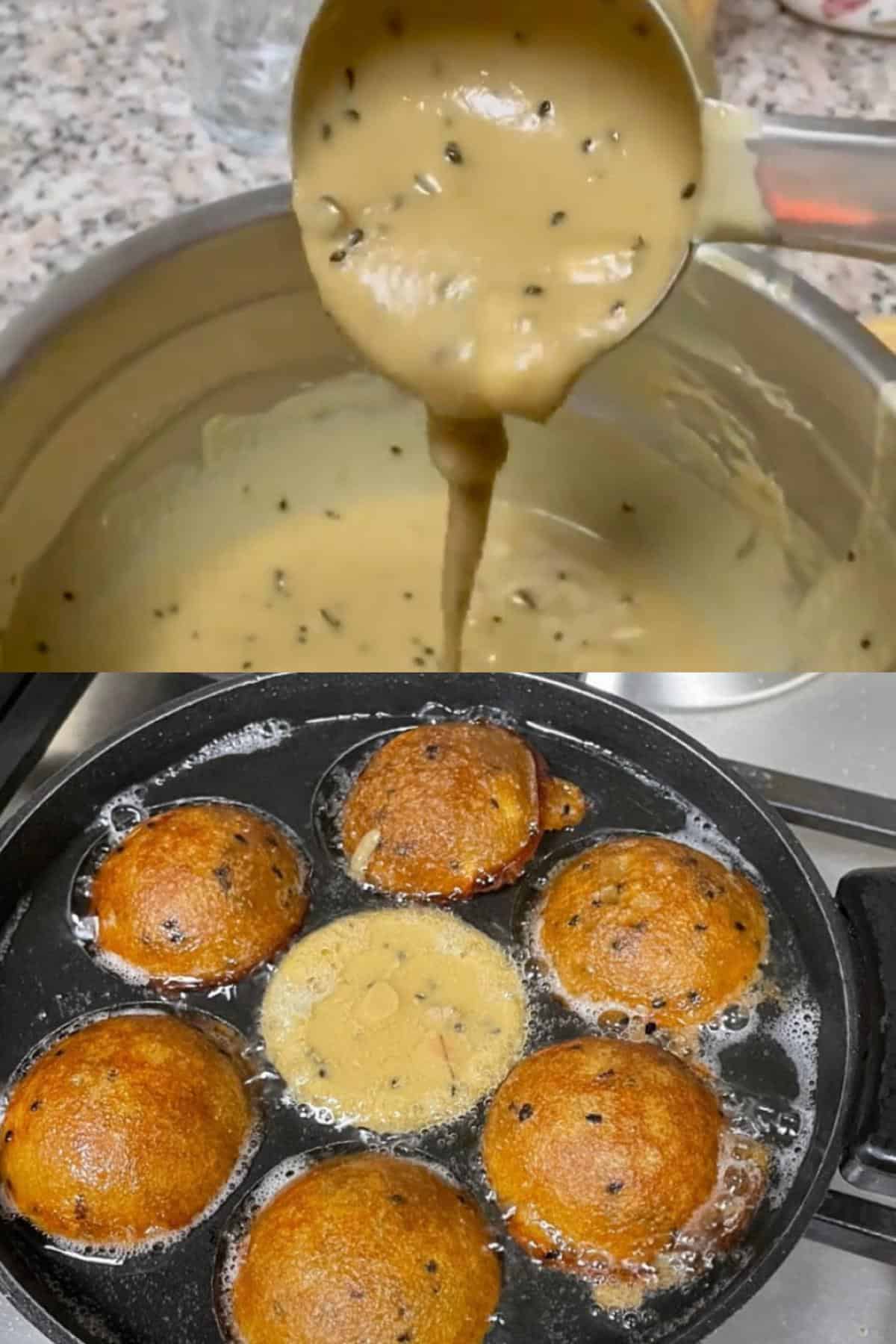 a collage of batter consistency and frying unniyappam in appe pan. 